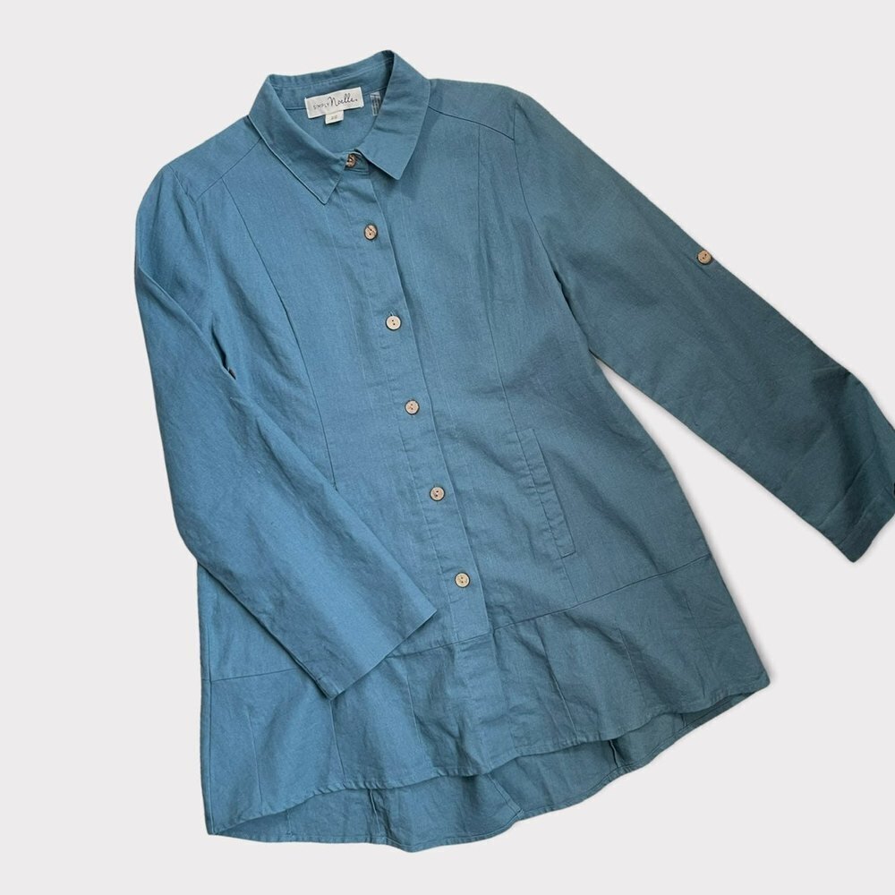 Simple Noelle Blue Linen Button Up Top S/M - Picture 4 of 5